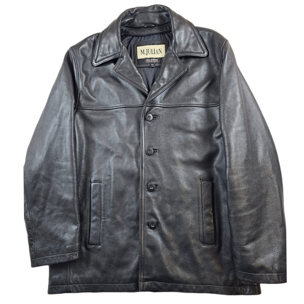 M Julian Wilsons Leather Jacket Mens Large Black Leather Car Coat Button Front